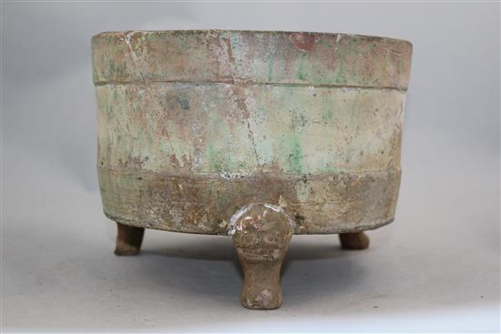 A Chinese green glazed tripod vessel, Han dynasty, 21.5cm diam.